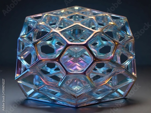 Construct a holographic lattice structure, its repeating geometric units forming a three-dimensional framework reminiscent of crystalline formations. photo