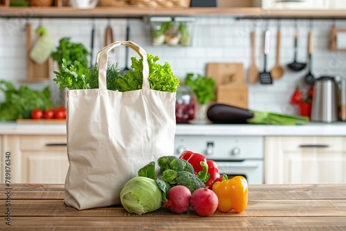 Eco friendly reusable shopping bag with vegetables on a wooden table against the backdrop of the Kitchen photo