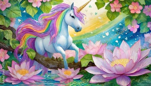 The unicorn is on a tree on a dense lotus petal and is a paper-art-like image  and the body and tail are pastel rainbow colors. horse  animal  vector  illustration  farm  cartoon  