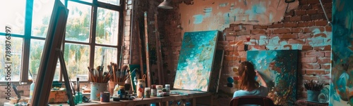Painting on easel in a room with a window and a brick wall. Banner