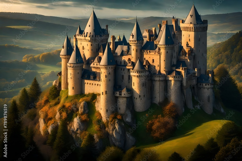 the grandeur of a hilltop castle, with turrets piercing the sky in the soft morning light.