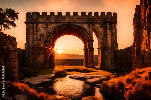 a regal castle landscape  capturing the beauty of stone arches against a fiery sunset.