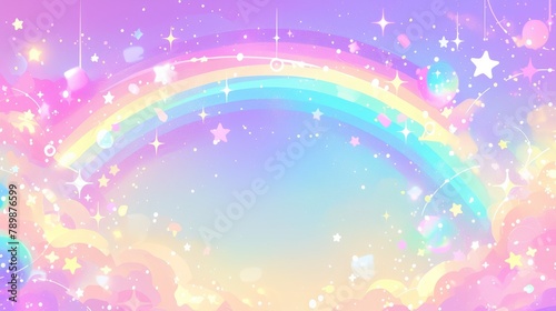 Immerse yourself in a vibrant rainbow fantasy world where pastel hues dance in a holographic illustration Delight in a cute cartoon girly backdrop complete with a dazzling sky painted in bri photo