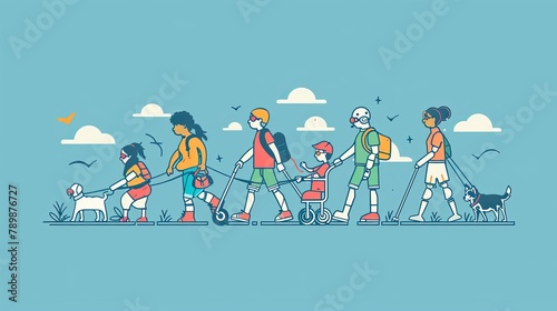A web banner celebrating the International Day of People with Disabilities. Handicapped people with bionic hands and legs, a boy on crutches, a blind person with a stick and guide dog.