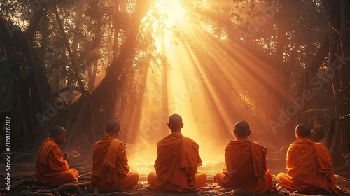 banner background Theravada New Year Day theme, and wide copy space, A group of monks performing a traditional chanting ceremony, creating a peaceful and meditative atmosphere, photo