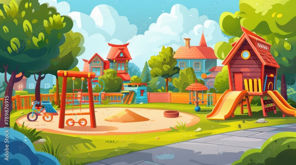 Cartoon illustration of children playing in a suburb with a sandbox, toys, bicycle, and wooden house, and having fun in the park. Park, garden, schoolyard. Cartoon illustration of children playing in a suburb with a sandbox, toys, bicycle, and wooden house, and having fun in the park. Park, garden, schoolyard.