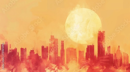 A city suffocating under heatwave, the skyline blurred in the shimmer of rising temperatures, in a style of watercolor photo