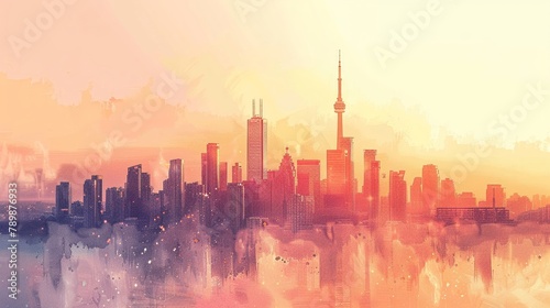 A city suffocating under heatwave, the skyline blurred in the shimmer of rising temperatures, in a style of watercolor photo