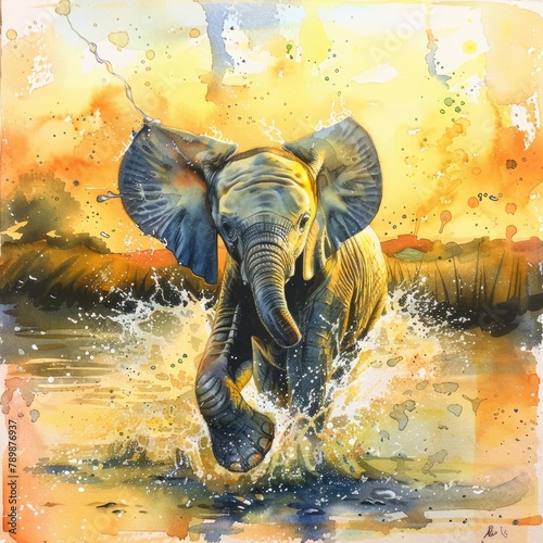 An elephant calf running through a river, with water splashing around it. The background is a sunset in warm colors. The style is semi-realistic, with a focus on capturing the movement and energy of t © Mickey