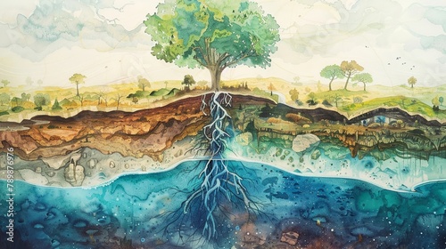 A crosssection of the Earth, layers from crust to core, interspersed with roots, water, and life, a delicate balance at risk, in a style of watercolor photo