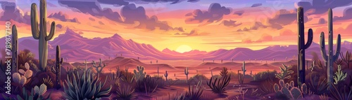 Sunset Over Picturesque Desert with Vibrant Cacti