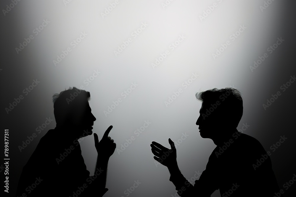 Two silhouetted individuals engaged in a discussion against a grey background.
