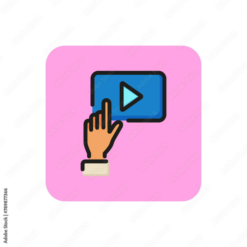 Human hand on play button line icon. Video, motion, user. Video content concept. Can be used for topics like movie, mobile apps, multimedia. Human hand on play button line icon. Video, motion, user. Video content concept. Can be used for topics like movie, mobile apps, multimedia.