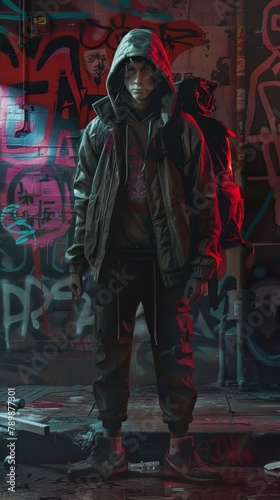 Graffiti covered wall with a man in a hoodie standing in front of a skateboard. Vertical background