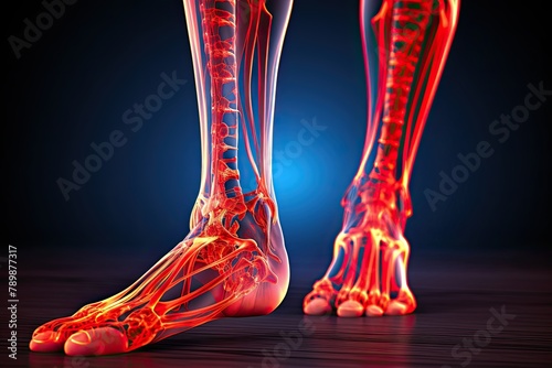 A 3D model of a human foot is displayed with the bones highlighted, showcasing the anatomy of the foot. Generative AI photo