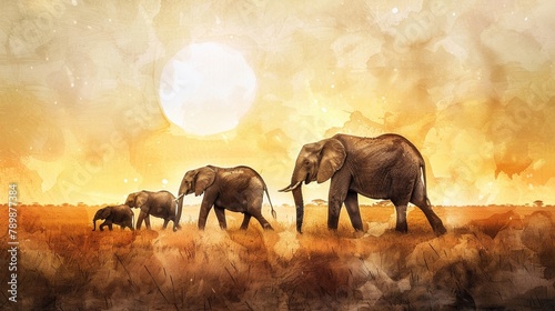 A family of elephants seeking water in a parched savannah, earthy tones under a relentless sun, in a style of watercolor photo