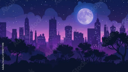 An illustration of a moonlit city with a moonlit public park. Full moon shining brightly in a dark urban park against silhouettes of megalopolis skyscrapers.