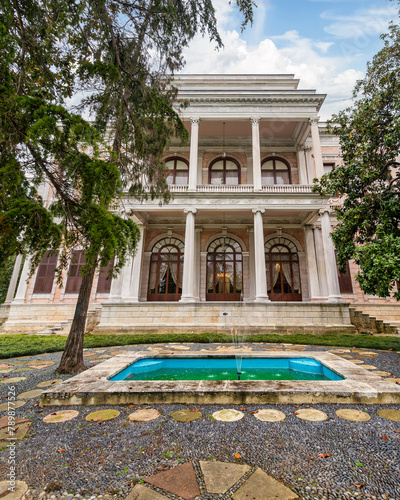 Historic Ottoman 19th century Mecidiye Pavilion, located in Beykoz, Istanbul, Turkey. The pavilion is surrounded by beautiful gardens and features a large fountain in front of the building