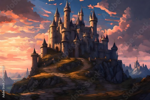 a fantasy castle setting, with towers adorned with banners against a vivid evening sky. photo