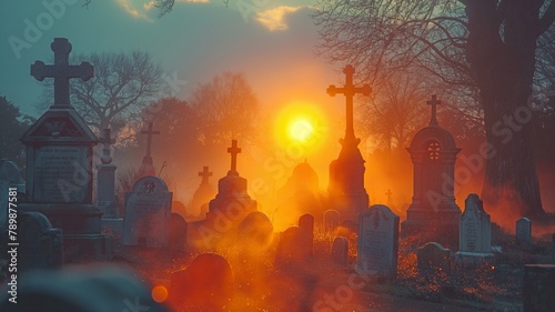 A fog-filled graveyard at dusk