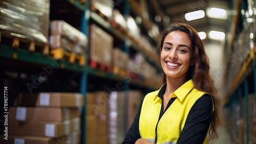 Happy female warehouse worker wearing a yellow safety vest standing in a warehouse photo