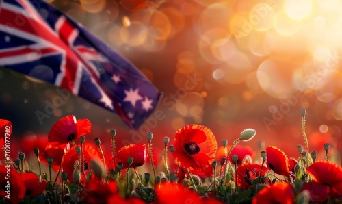 Anzac Day background with grunge painted Australia flag and poppy flowers. Remembrance symbol. Lest we forget. © Artlana
