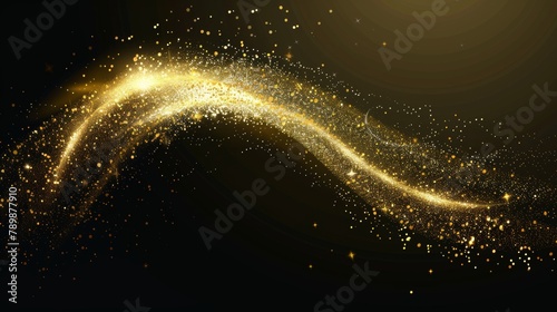 The stardust wave, a golden dust trail with glitter and sparkles, is an abstract luxury effect with sparks and shimmer particles isolated on a transparent background.