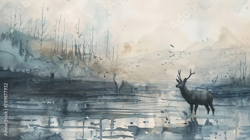 A haunting watercolor scene showing animals migrating through desolate landscapes, a poignant reminder of biodiversity loss due to climate shifts, in a style of watercolor photo