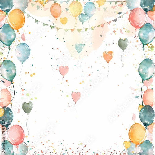 Watercolor background with pastel colored balloons and confetti.