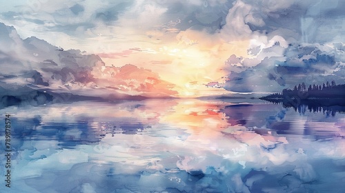 A serene lake, its surface a mirror to the changing skies above, a symbol of tranquility amidst turmoil, in a style of watercolor © FlyingWeed_AI