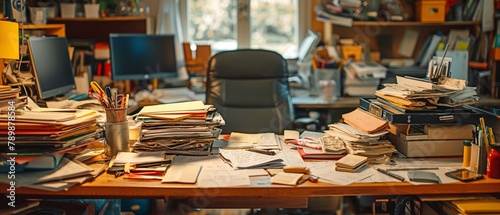 An untidy desk with papers, office supplies, and notes scattered around photo