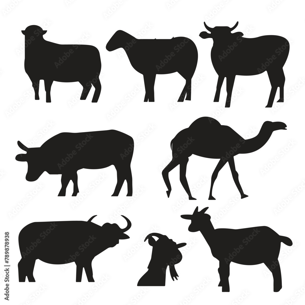 Cows, goats, camel in different poses vector set. Silhouettes