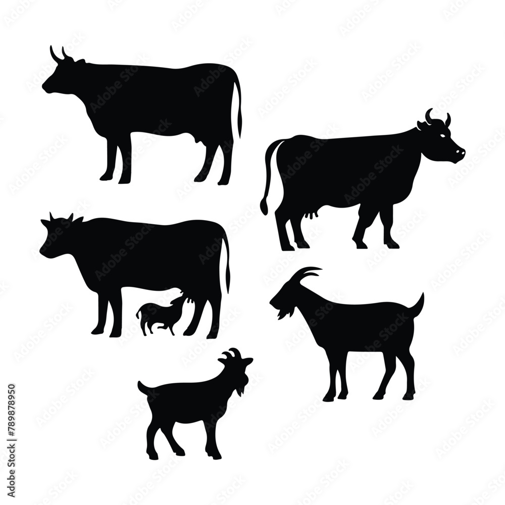 Cows, goats in different poses vector set. Silhouettes 