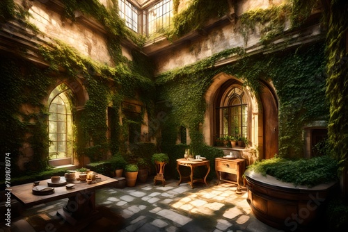 a picturesque castle view  featuring ivy-clad walls and a charming courtyard bathed in sunlight.