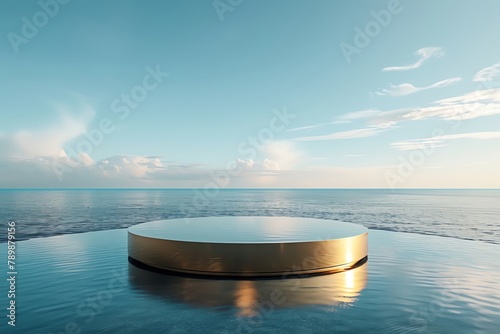 3d rendering of a golden podium on the water surface against the backdrop of a seascape.