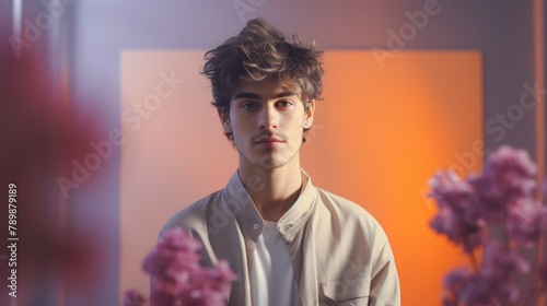 Serene Young Man with a Reflective Gaze, Soft Orange Ambiance