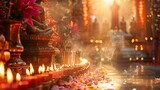 banner background Theravada New Year Day theme, and wide copy space, A tranquil scene of devotees offering prayers and lighting incense sticks at a Buddhist shrine during the New Year, 