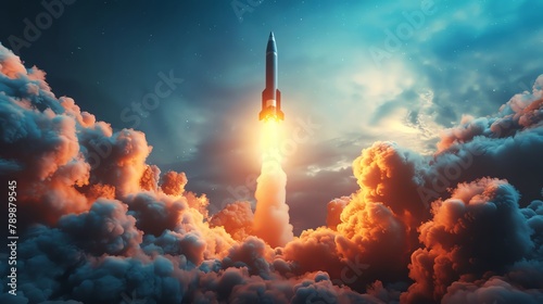 A rocket ship launching into space with clouds in the background.