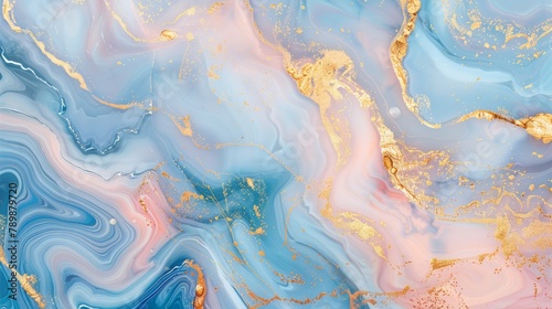 Epoxy resin texture with blue , gold and pink background. Banner Abstract marble waves coloured with crushed gold. Executed in the style of liquid art.