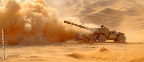 In the desert sand, the army prepares a new metal artillery projectile. photo