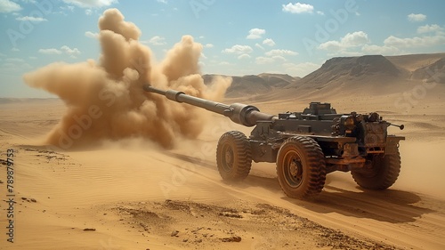 In the desert sand, the army prepares a new metal artillery projectile.