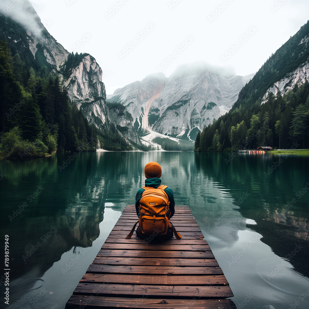 Person with backpack sitting on a pier facing a misty mountain lake.