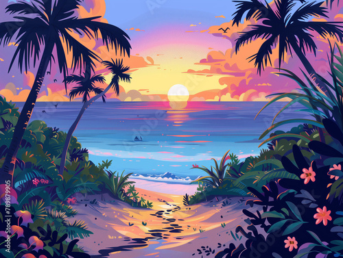 Illustration of a sunset on a tropical beach framed by palm trees and vibrant flora.