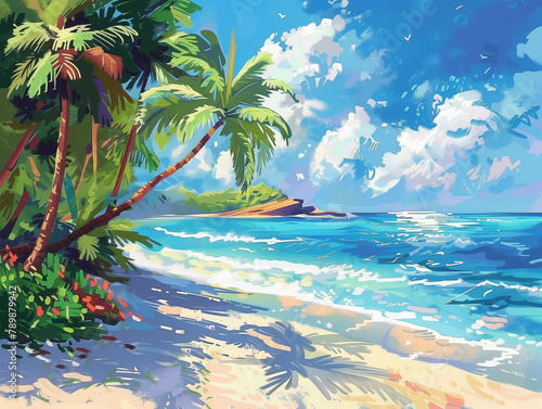 Vibrant beach painting with swaying palms and shimmering sea under a sunny sky.