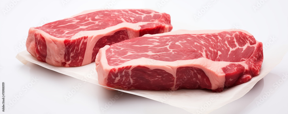 Raw ribeye steaks packaged together in paper, on white background, generated ai