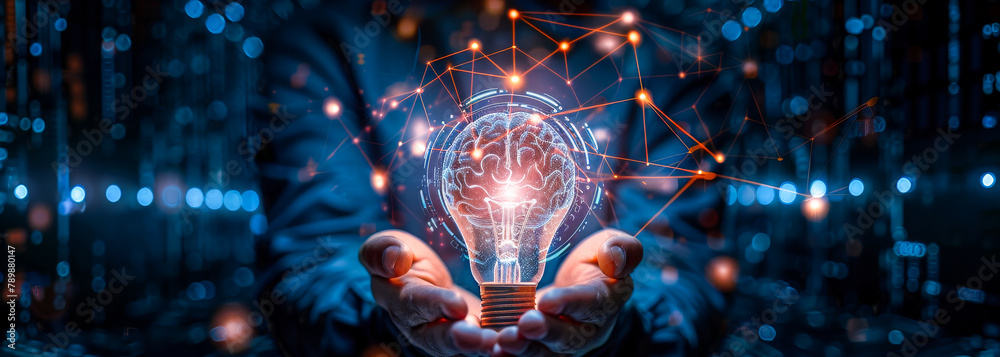 Fototapeta premium Hands Holding Illuminated Digital Brain Lightbulb - Businessman Innovation Creativity Concept with Data Network Technology and Industrial Science Illustration