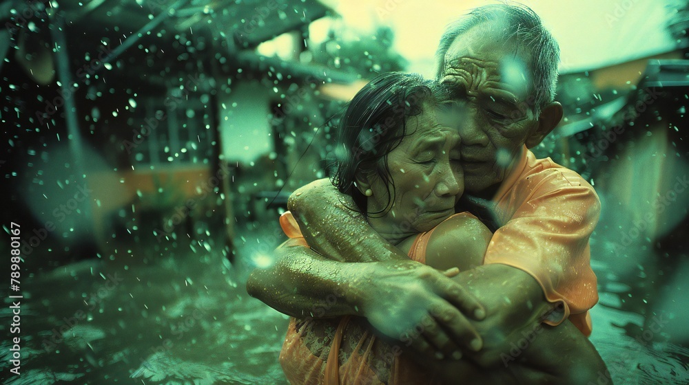 Clutching each other tightly during a thunderstorm, fearing the worst for their home, the old couple prayed for safety. Clutching each other tightly during a thunderstorm, fearing the worst for their home, the old couple prayed for safety.