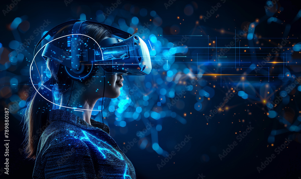 Young woman playing on futuristic headset on abstract digital dark background, VR glasses, generated ai Young woman playing on futuristic headset on abstract digital dark background, VR glasses, generated ai