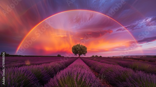 Nature’s Palette: Rainbow Arching Over Endless Lavender Field, Petals in Shades of Purple and Pink