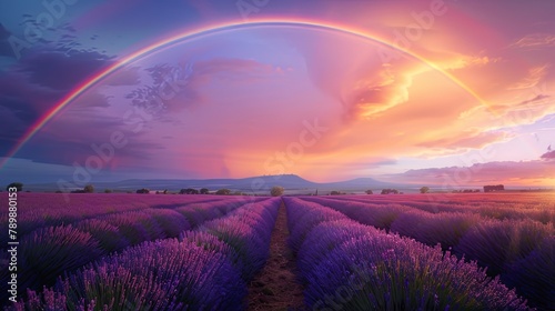 Nature’s Palette: Rainbow Arching Over Endless Lavender Field, Petals in Shades of Purple and Pink